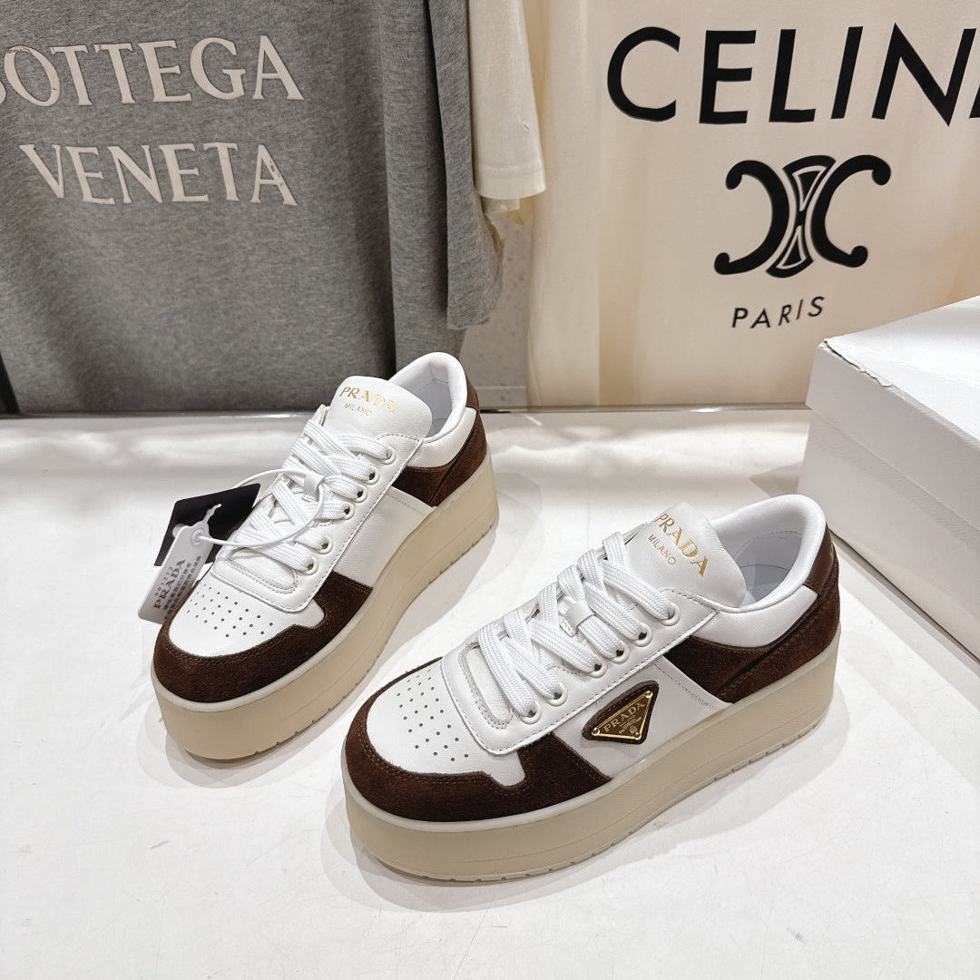 Prada 25s Platform Sneakers White Brown Calfskin And Suede 535495