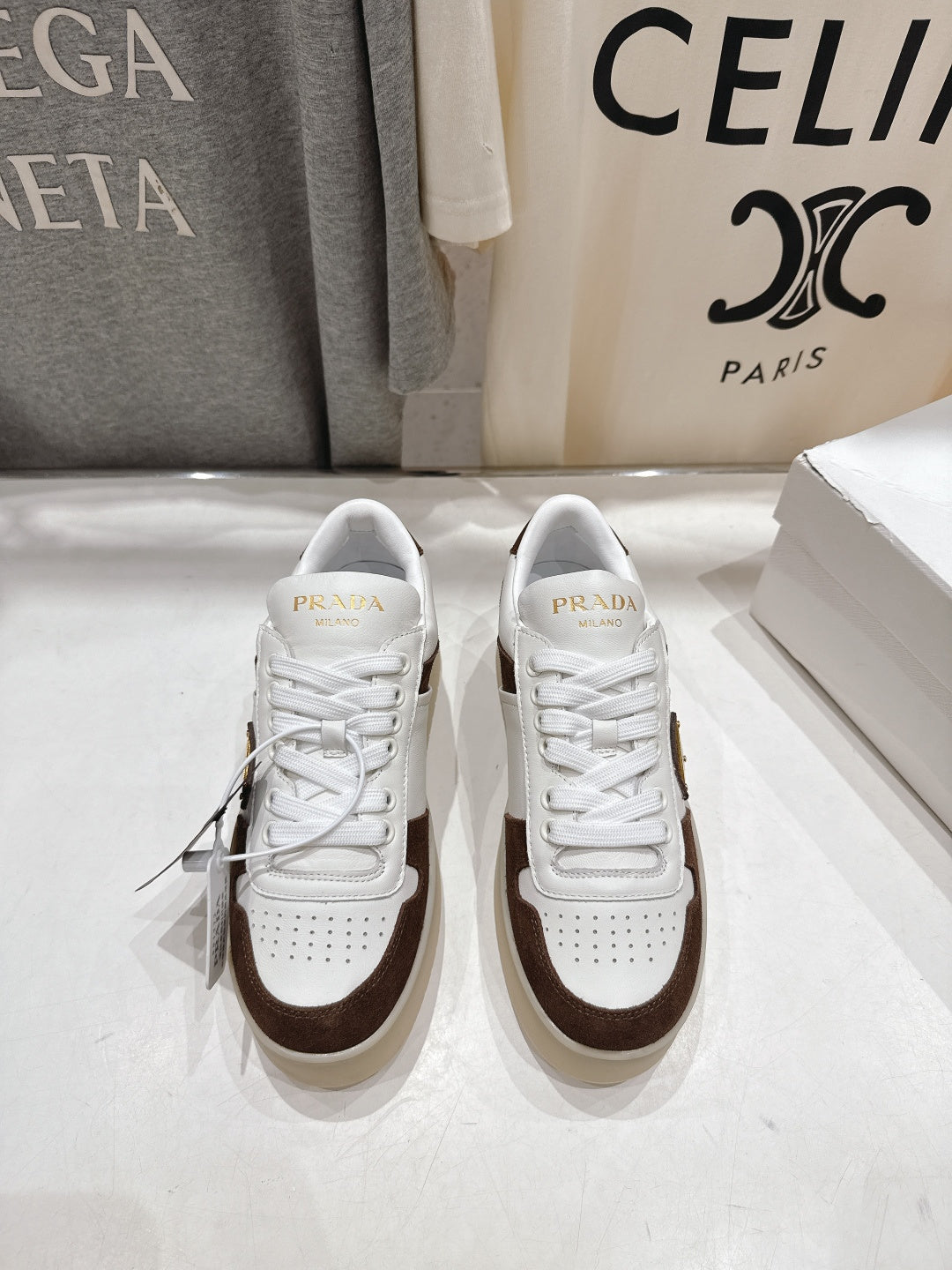 Prada 25s Platform Sneakers White Brown Calfskin And Suede 535495