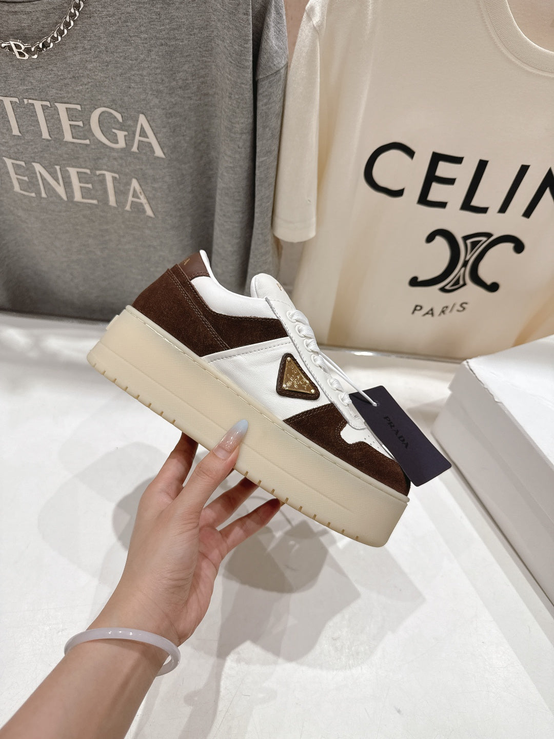 Prada 25s Platform Sneakers White Brown Calfskin And Suede 535495