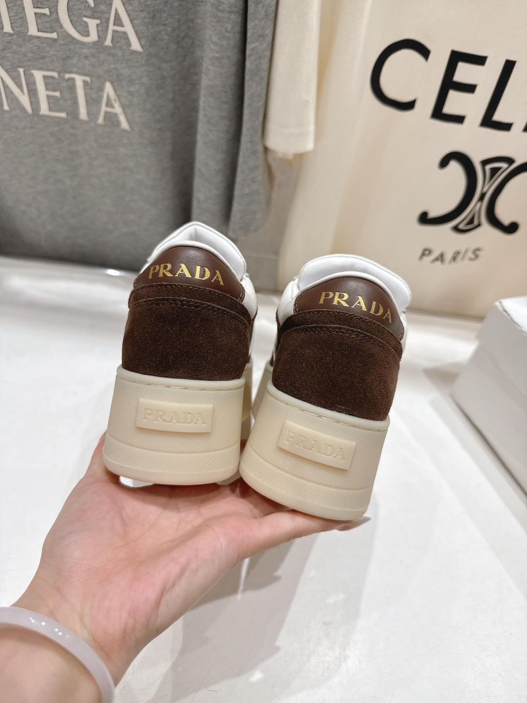 Prada 25s Platform Sneakers White Brown Calfskin And Suede 535495