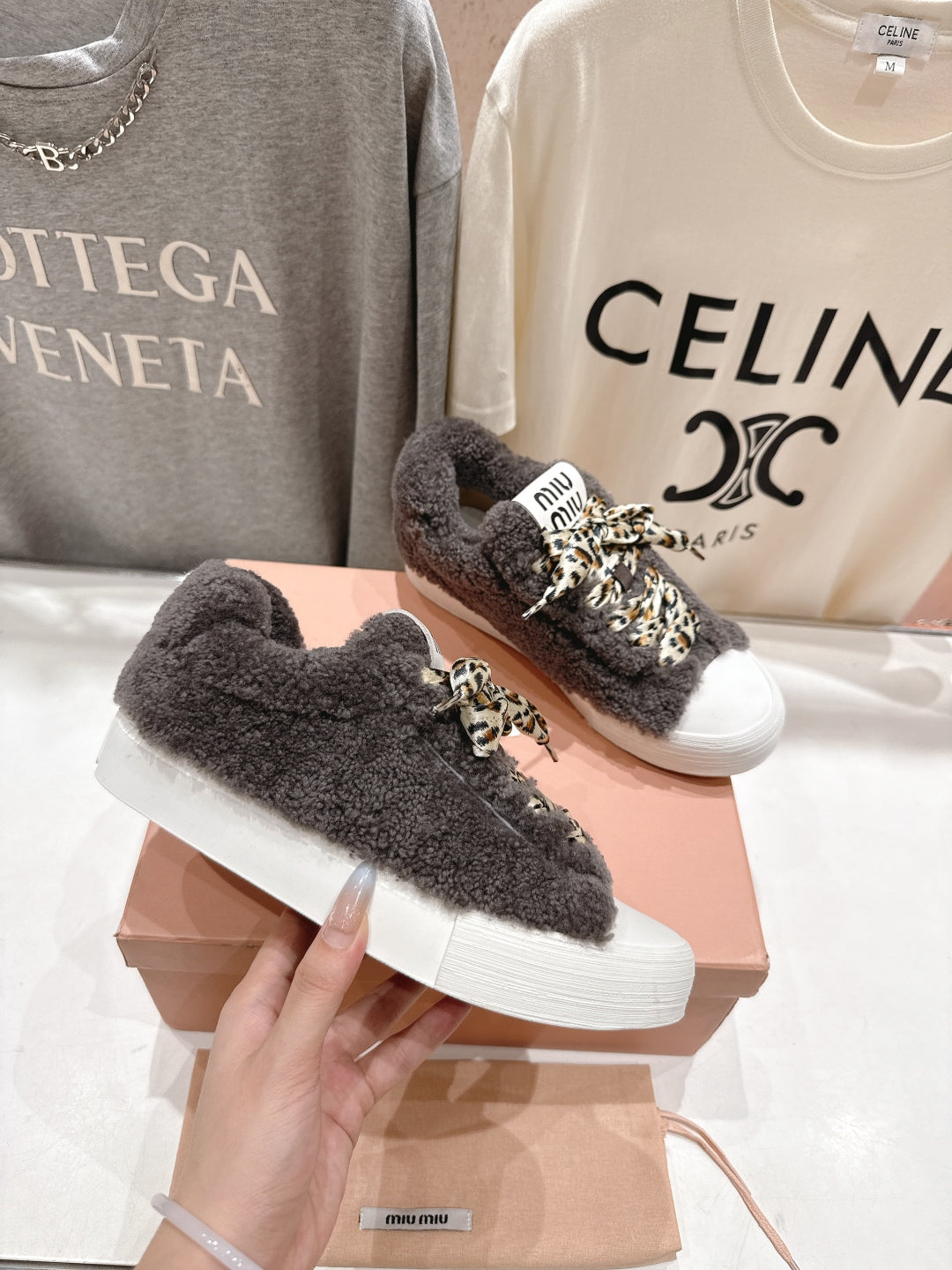 MiuMiu 25 Sneaker Gray Leopard Cowhide Wool 535582