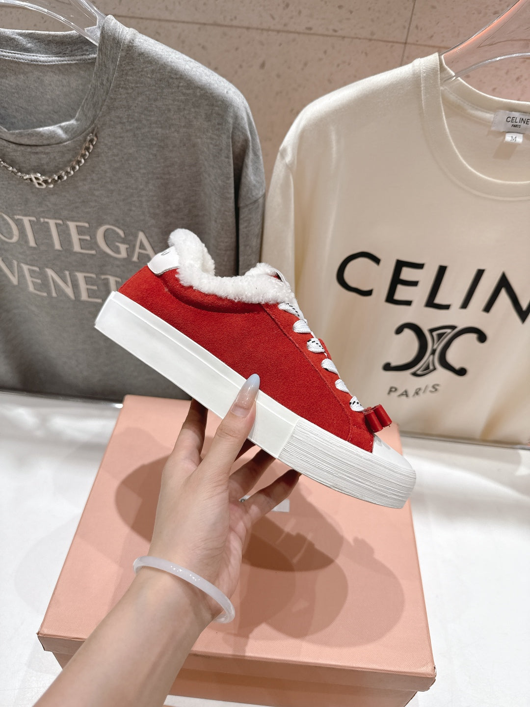 MiuMiu 25 Sneaker Red White Suede Cowhide Fur 535585