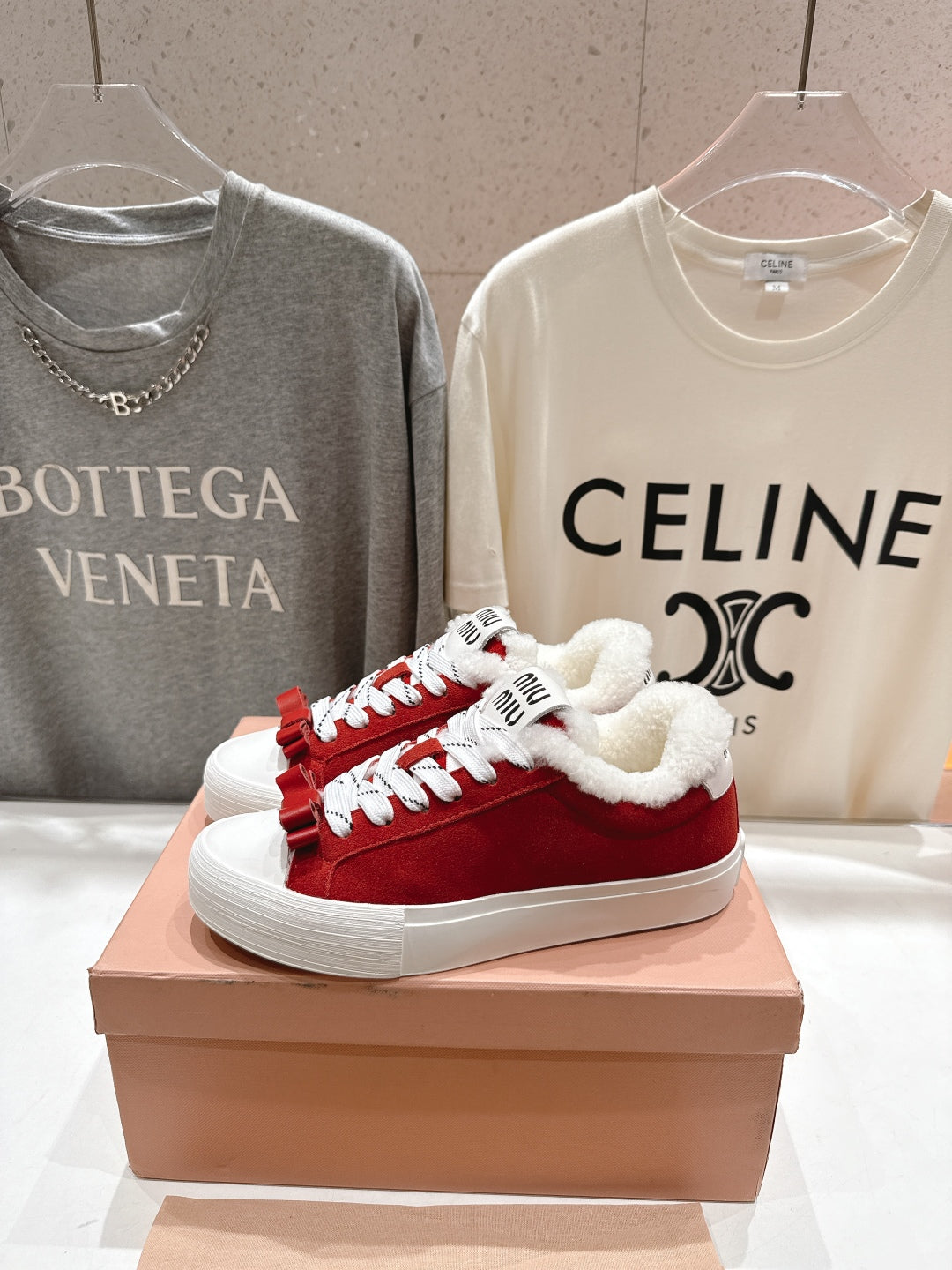 MiuMiu 25 Sneaker Red White Suede Cowhide Fur 535585