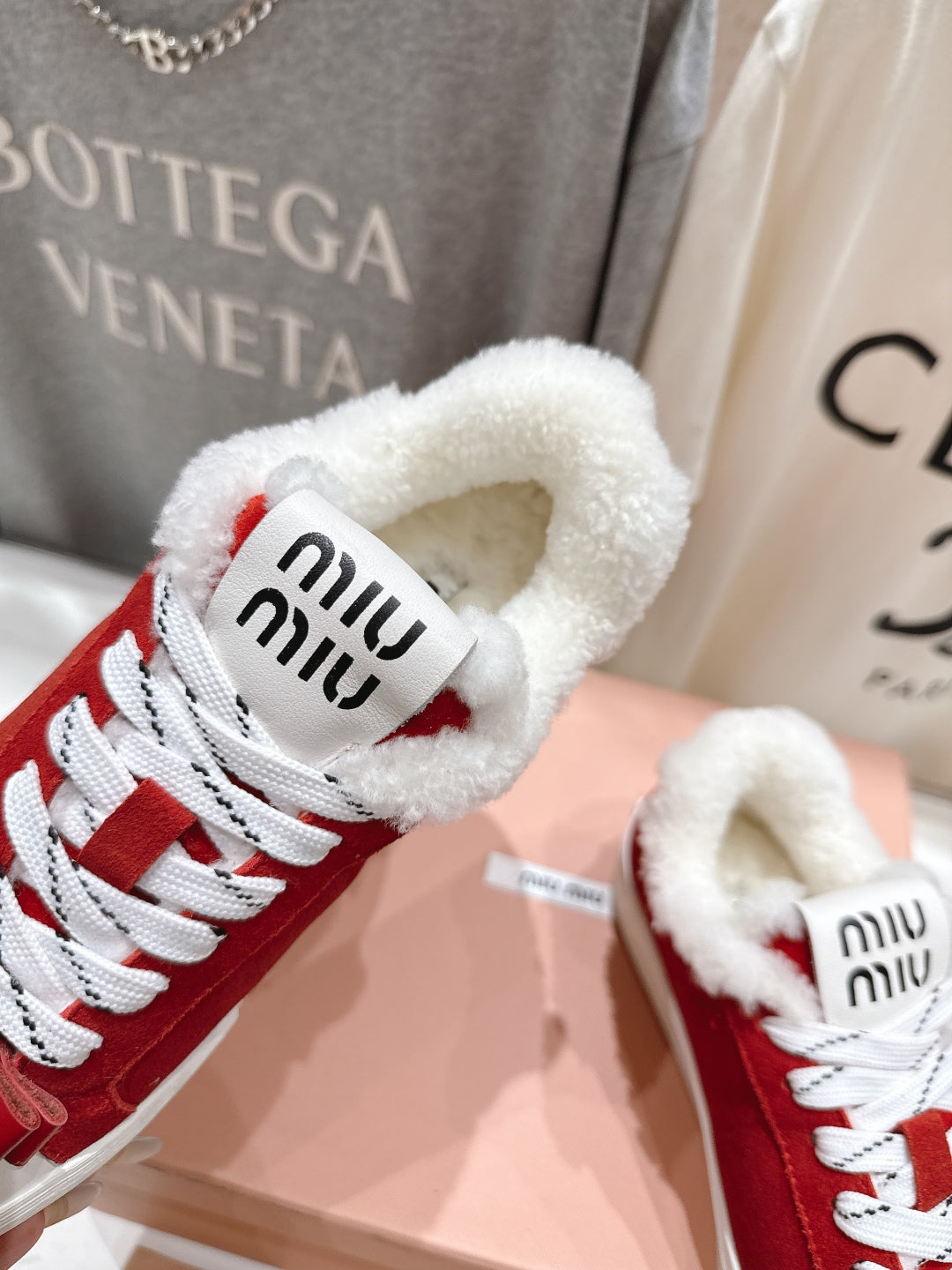 MiuMiu 25 Sneaker Red White Suede Cowhide Fur 535585