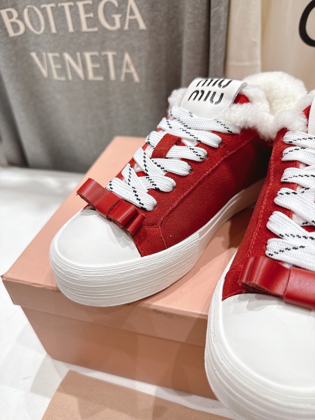MiuMiu 25 Sneaker Red White Suede Cowhide Fur 535585