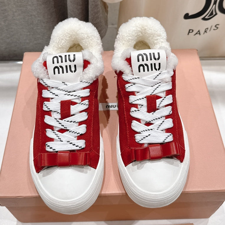 MiuMiu 25 Sneaker Red White Suede Cowhide Fur 535585