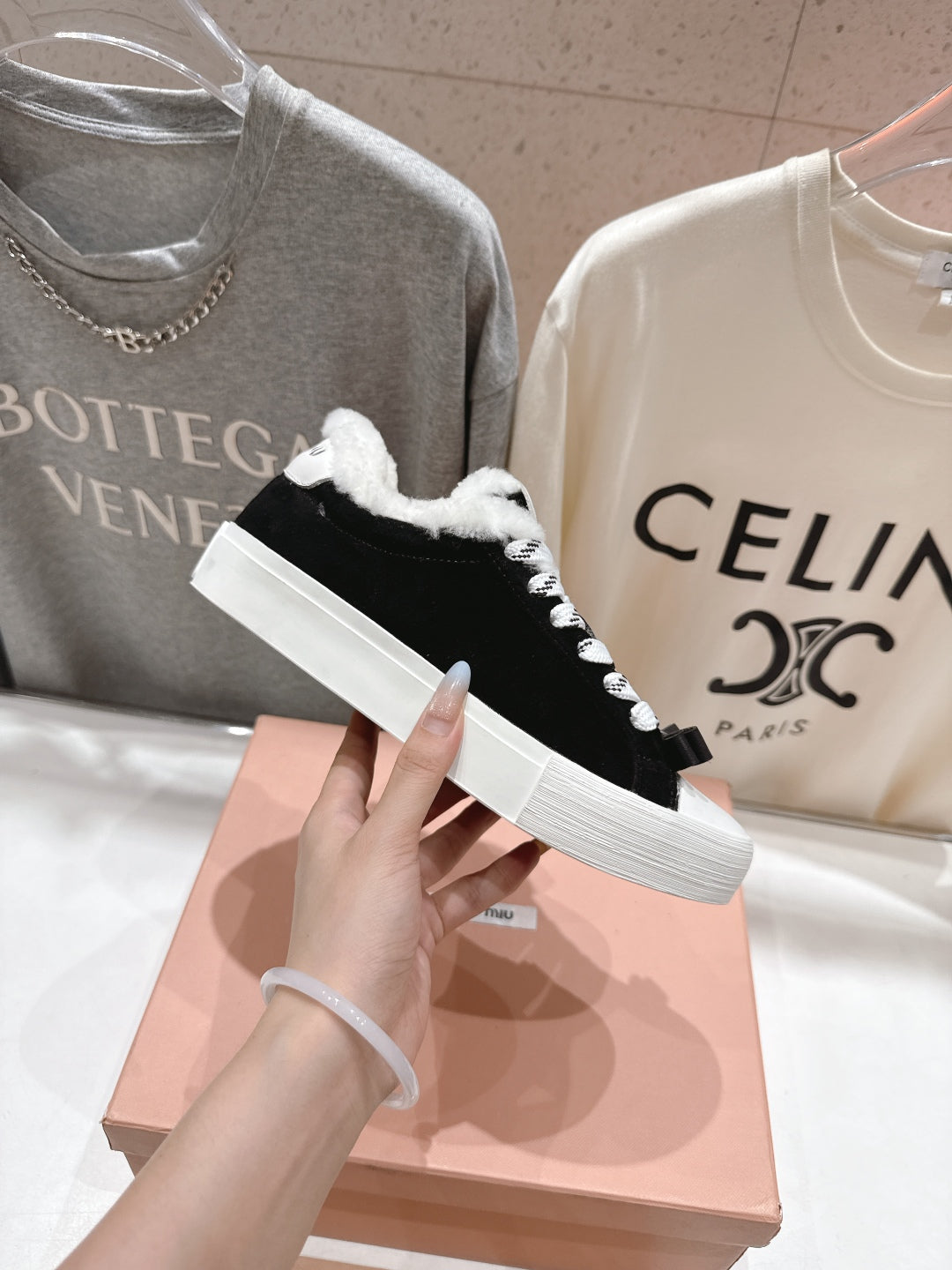 MiuMiu 25 Sneaker Black White Suede Cowhide Fur 535586