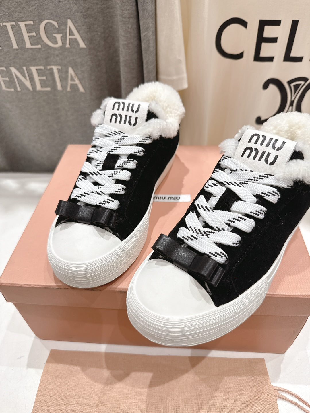 MiuMiu 25 Sneaker Black White Suede Cowhide Fur 535586