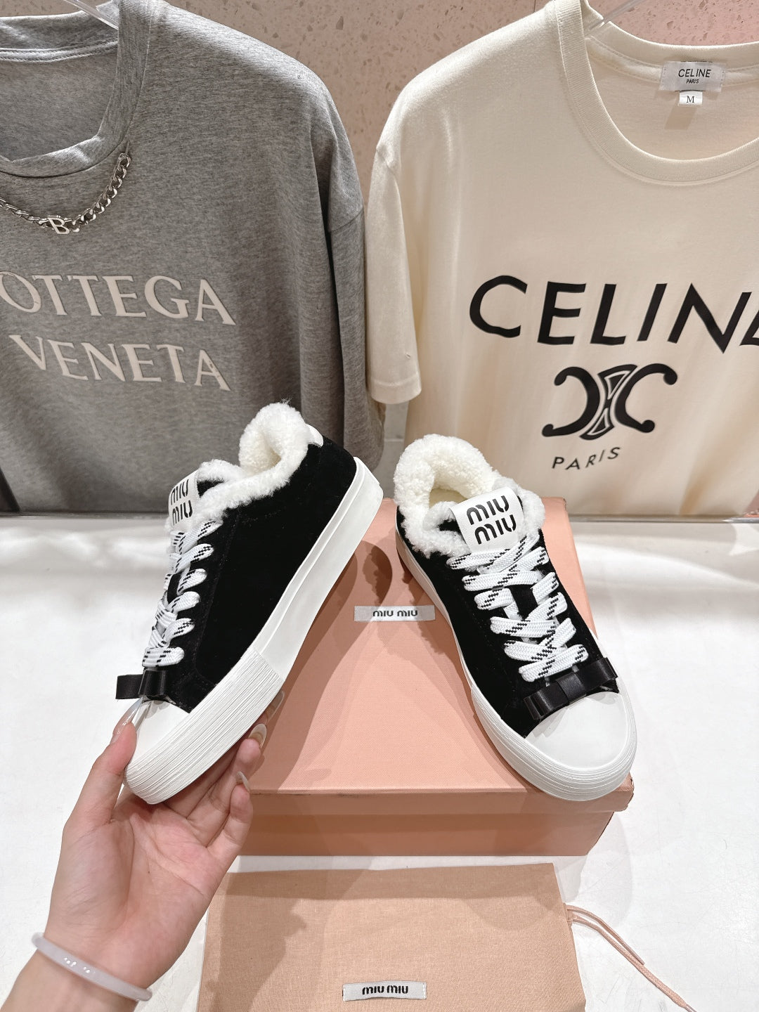 MiuMiu 25 Sneaker Black White Suede Cowhide Fur 535586