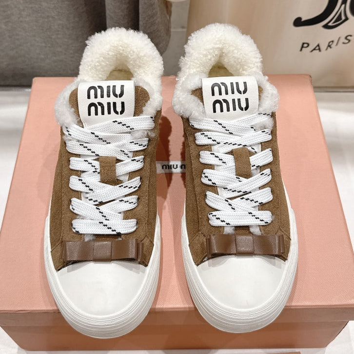 MiuMiu 25 Sneaker Light Brown White Suede Cowhide Fur 535587