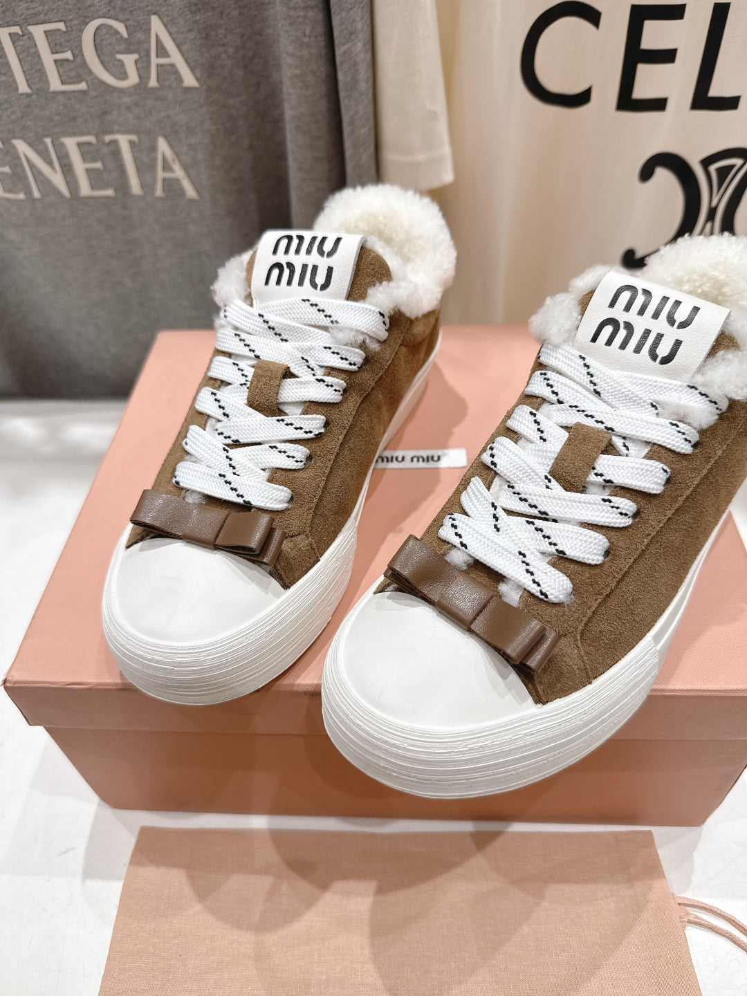 MiuMiu 25 Sneaker Light Brown White Suede Cowhide Fur 535587