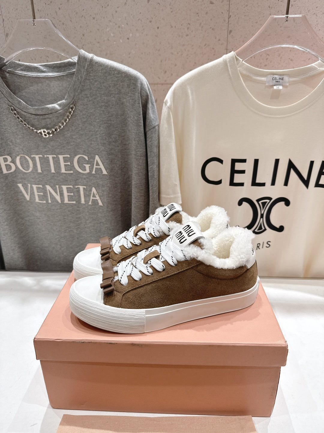 MiuMiu 25 Sneaker Light Brown White Suede Cowhide Fur 535587