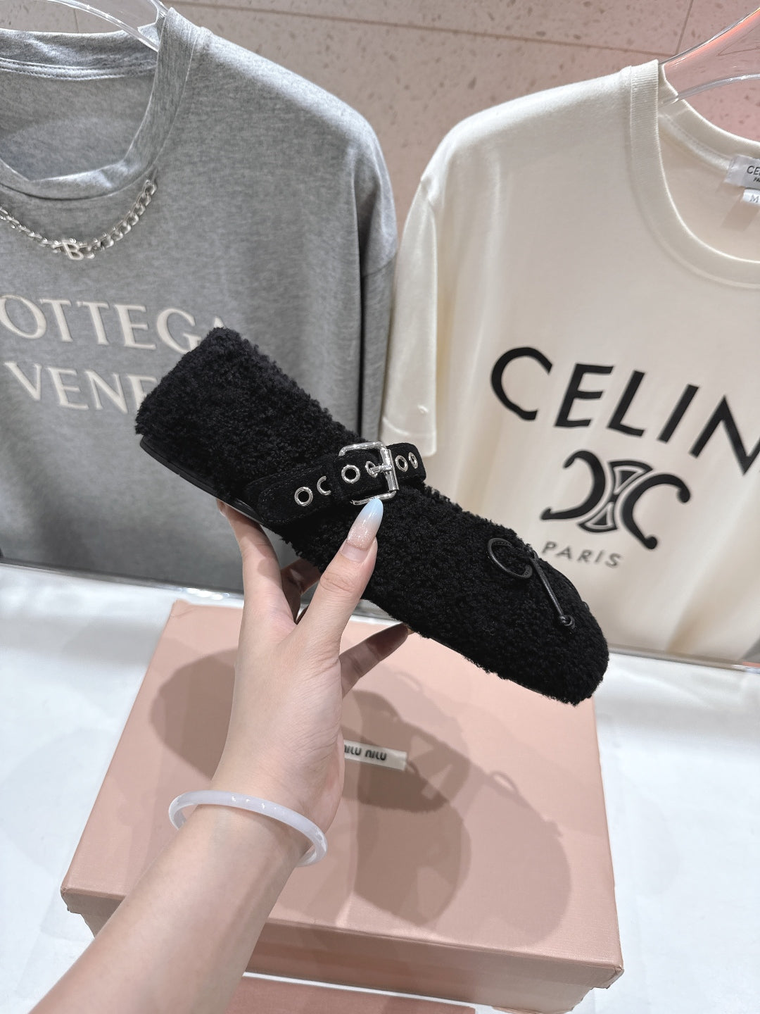 MiuMiu 25 Ballet Flat Black Lambskin Wool 535592