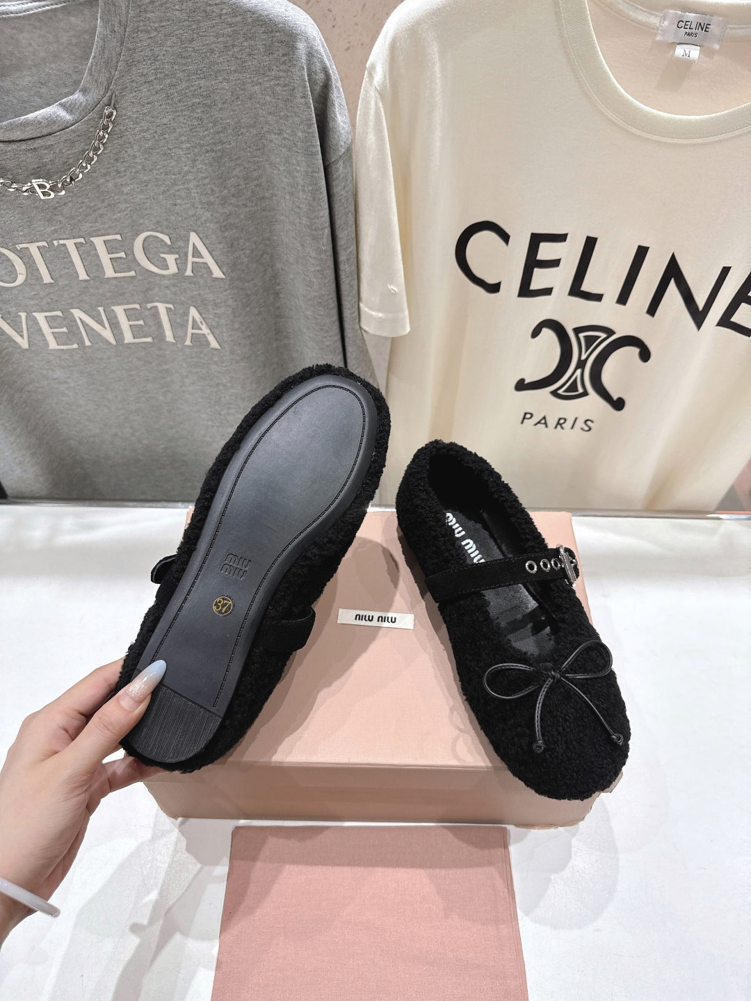 MiuMiu 25 Ballet Flat Black Lambskin Wool 535592