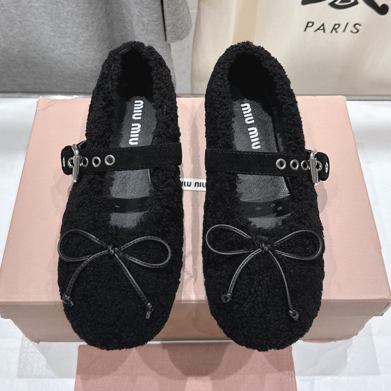 MiuMiu 25 Ballet Flat Black Lambskin Wool 535592