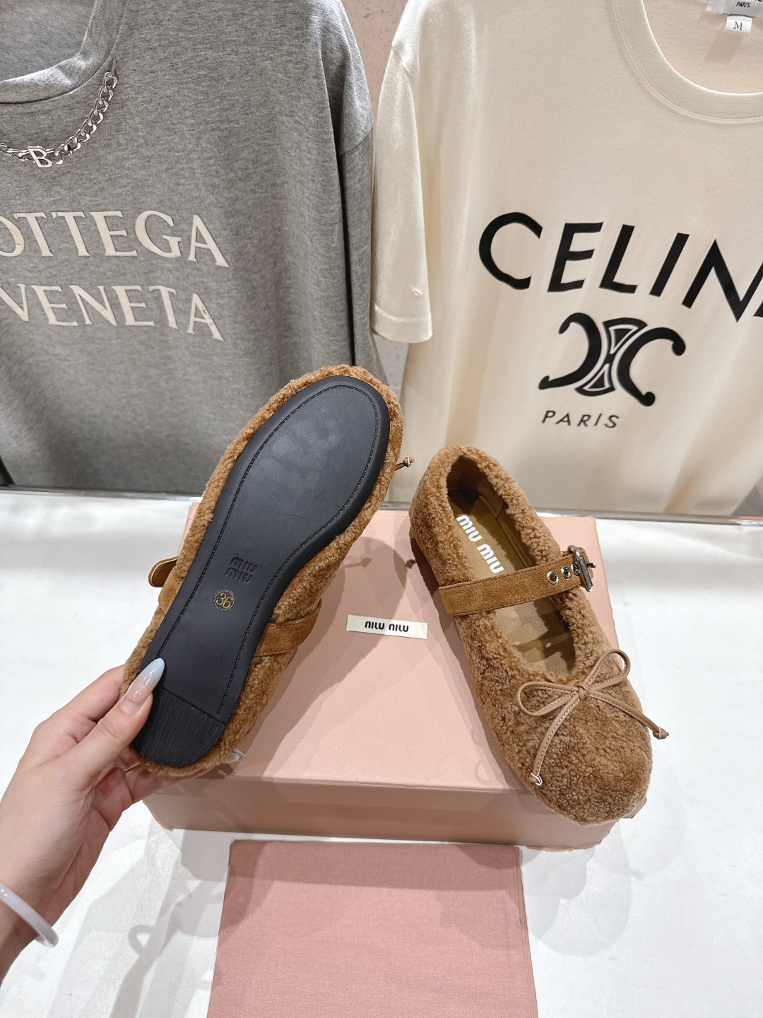 MiuMiu 25 Ballet Flat Brown Lambskin Wool 535593