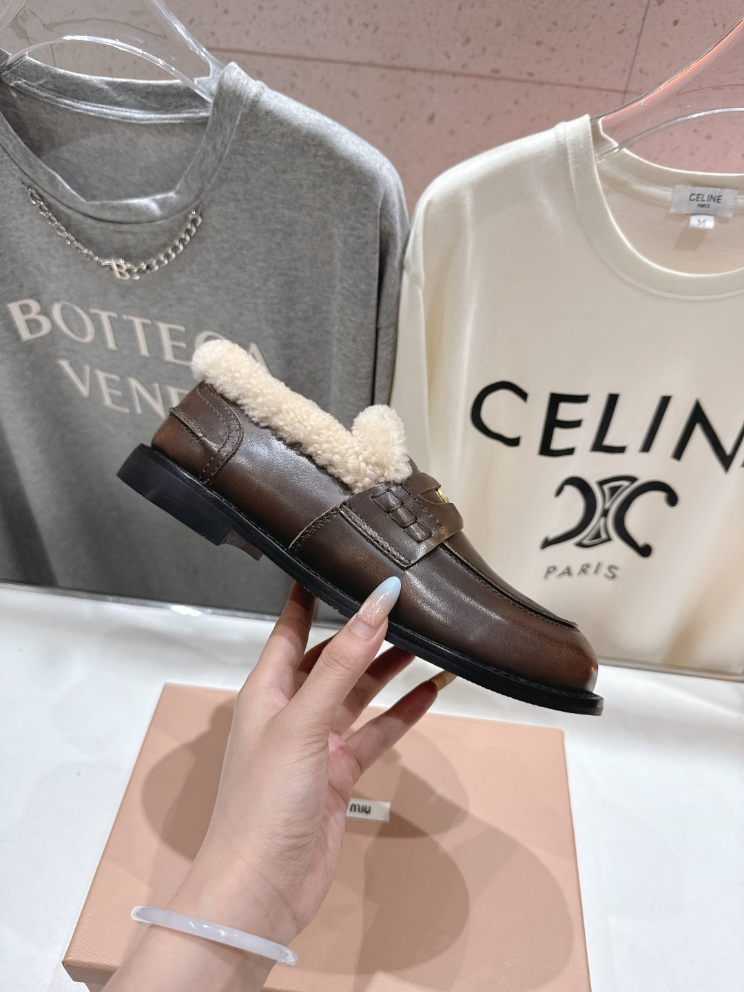 MiuMiu 25 Fur Loafer Brown mix Beige Cowhide 535595