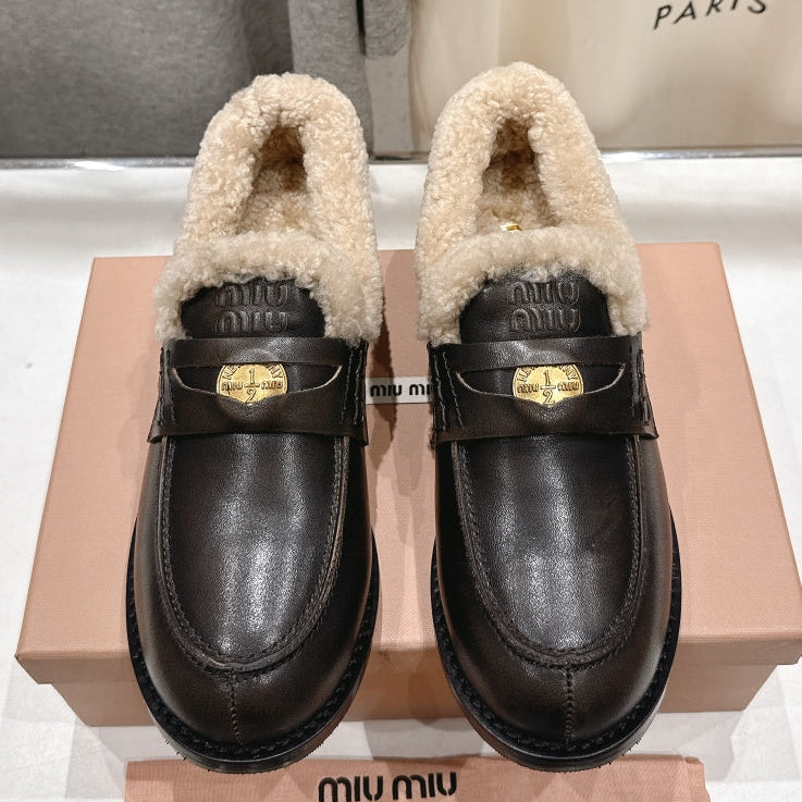 MiuMiu 25 Fur Loafer Dark Brown mix Beige Cowhide 535596