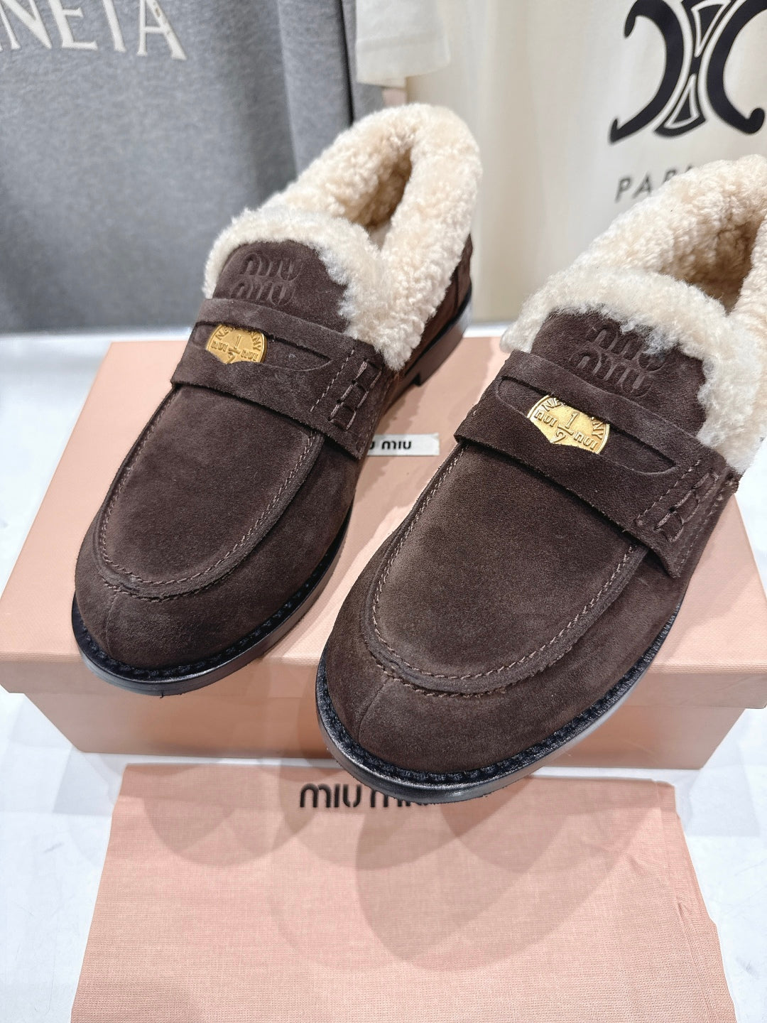 MiuMiu 25 Fur Loafer Brown Chocolate mix Beige Suede 535600