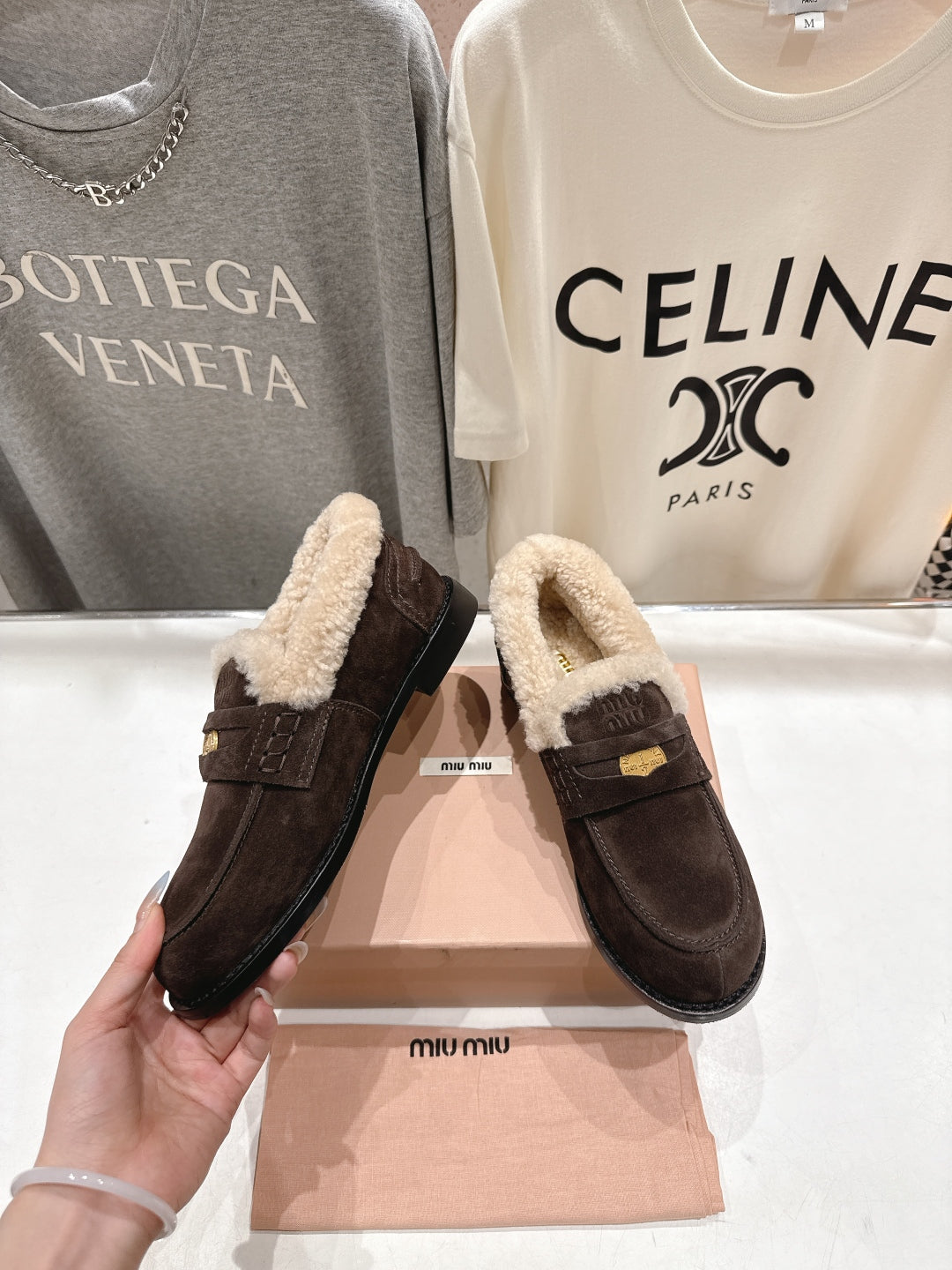 MiuMiu 25 Fur Loafer Brown Chocolate mix Beige Suede 535600