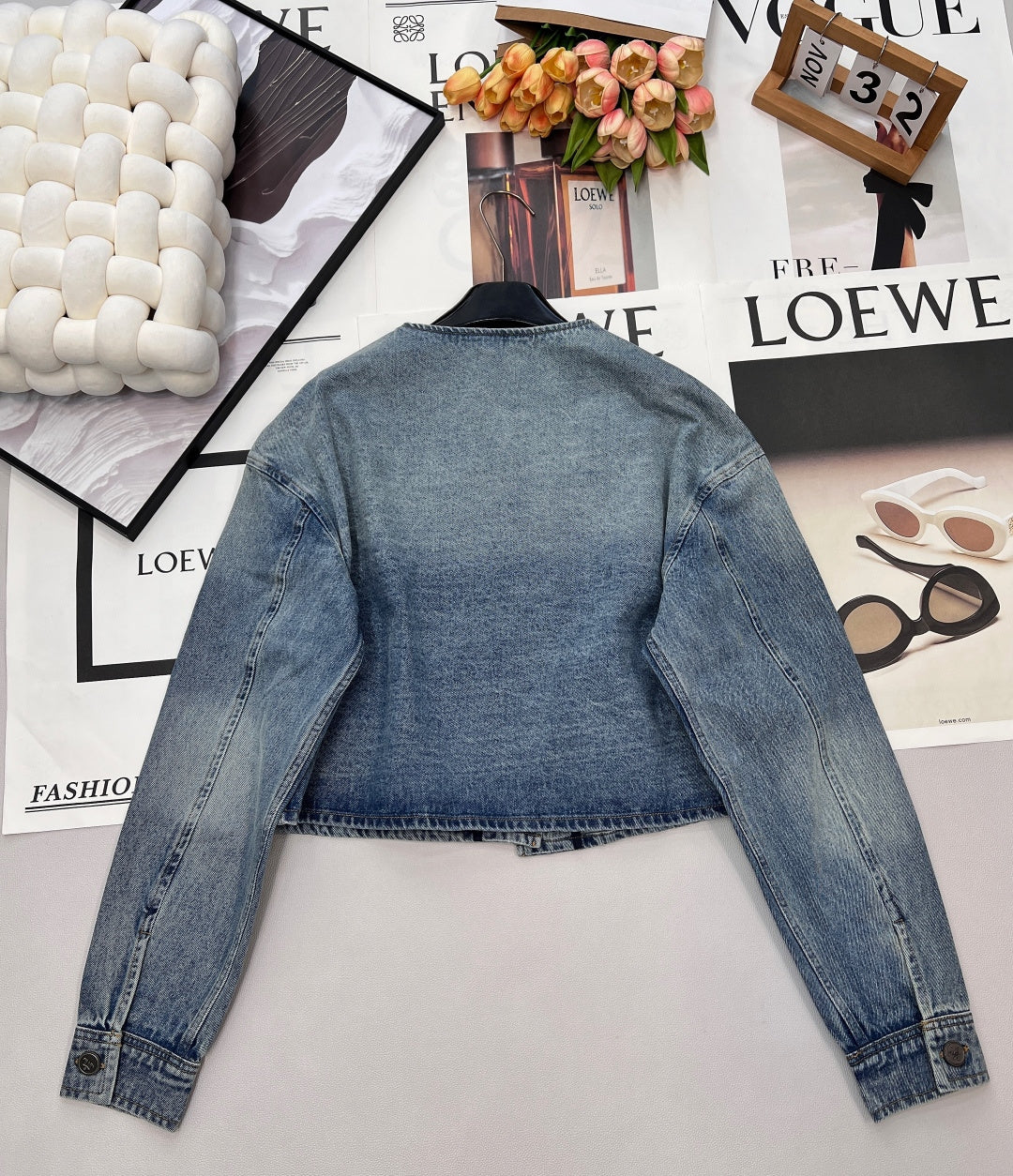 Prada 2025 Three-button Triangle Logo Denim Cropped Jacket Blue Cotton