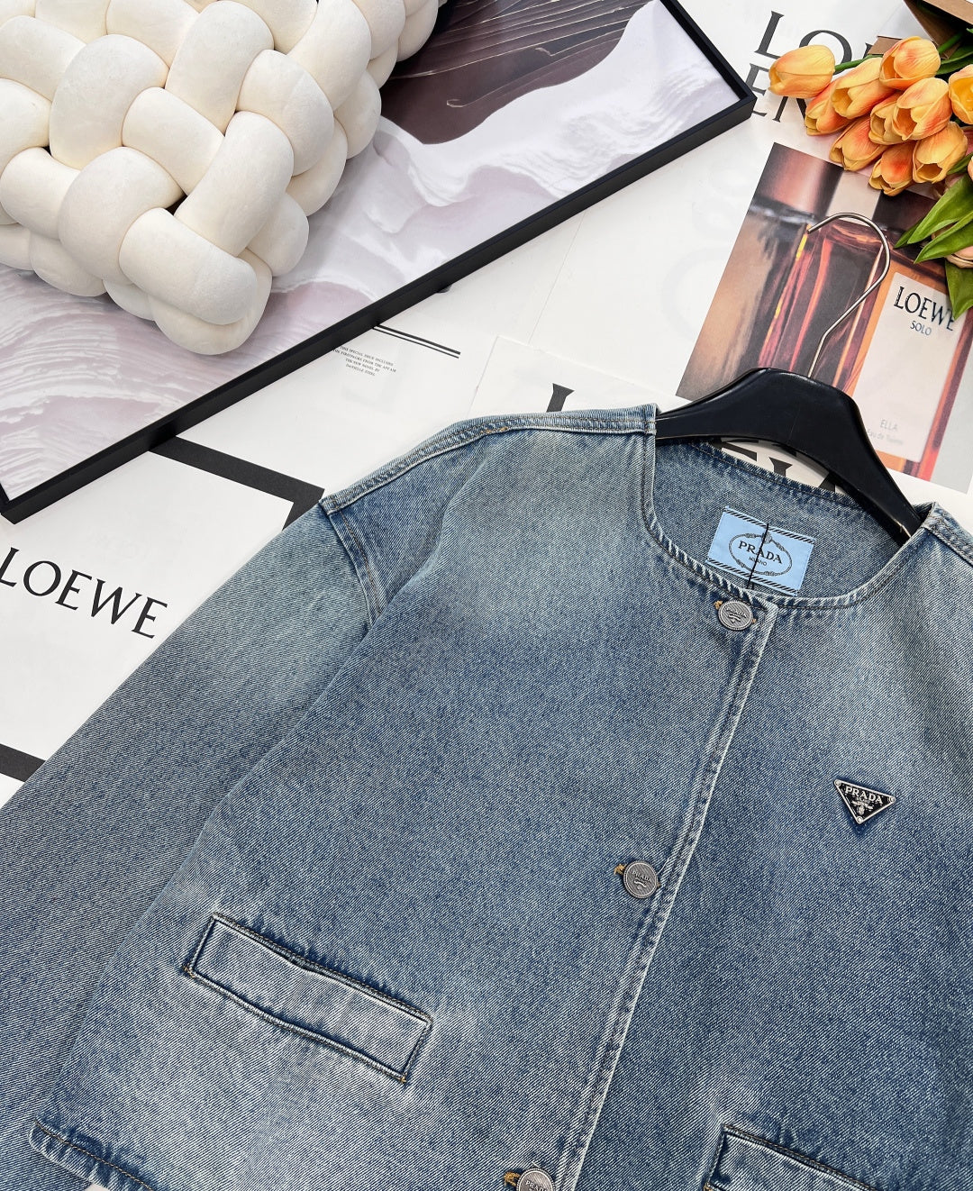 Prada 2025 Three-button Triangle Logo Denim Cropped Jacket Blue Cotton