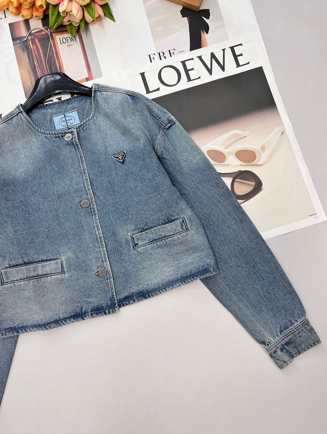 Prada 2025 Three-button Triangle Logo Denim Cropped Jacket Blue Cotton