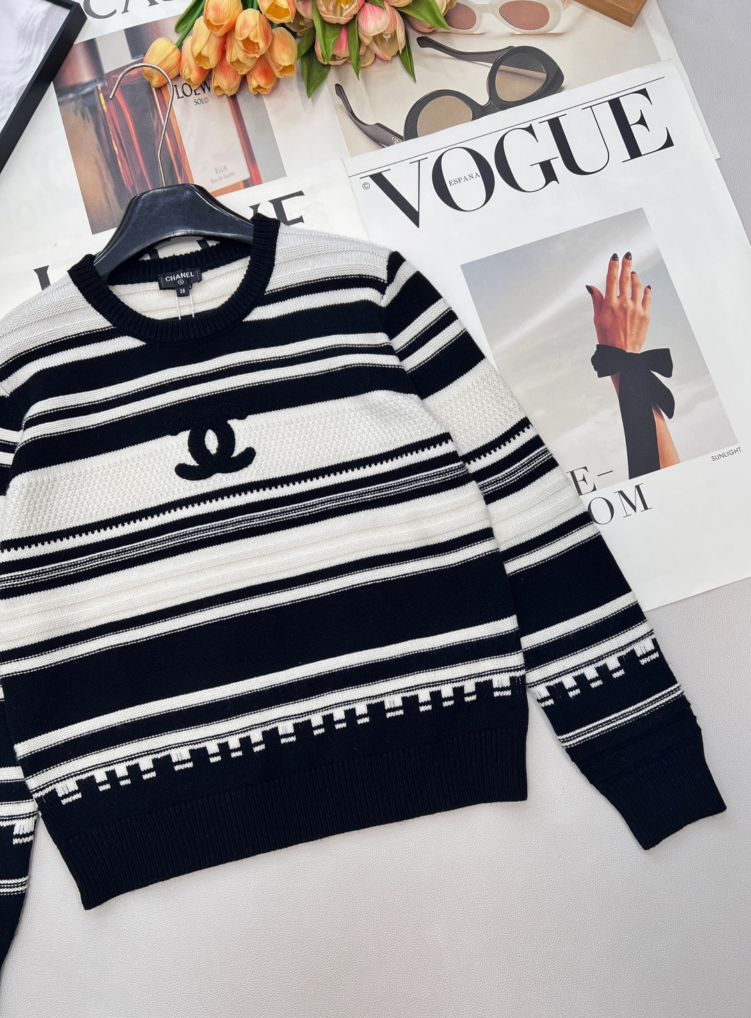 CC 26 Striped Plush Letter Knit Sweater Black White Wool 785169