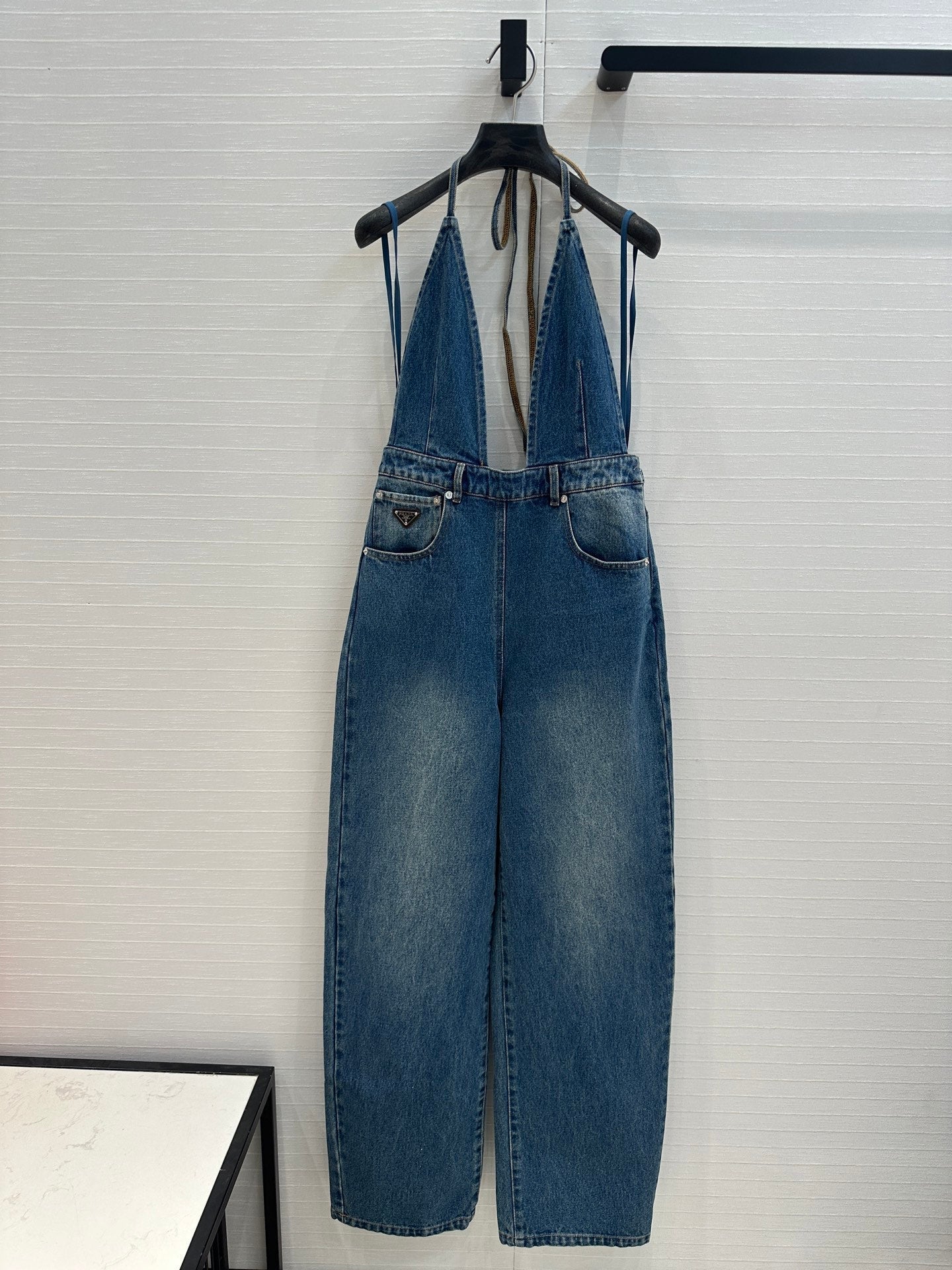 Prada 25 Halter Ntube Top Suspender Jumpsuit Blue Cotton