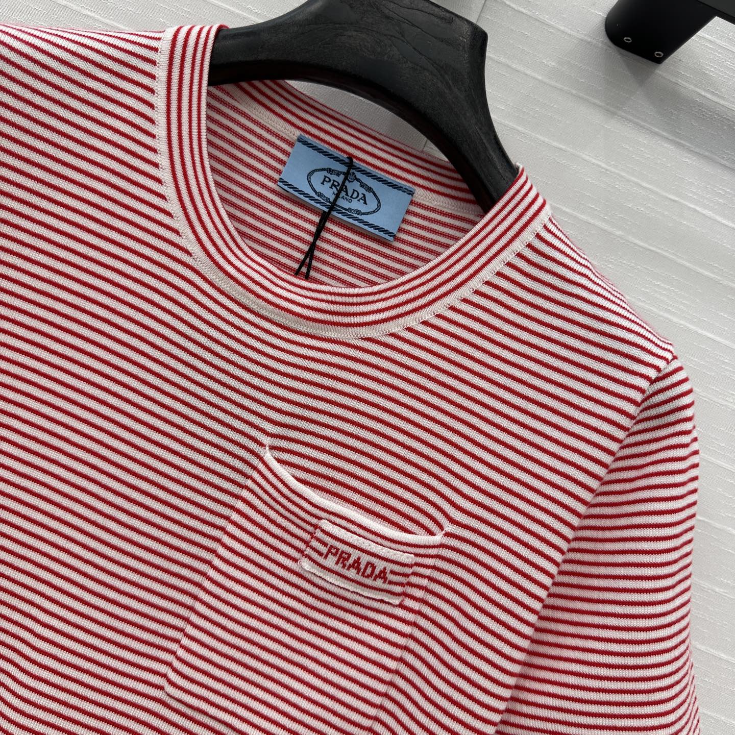 Prada 25 Striped Short-sleeved Knitted Top Red Cotton