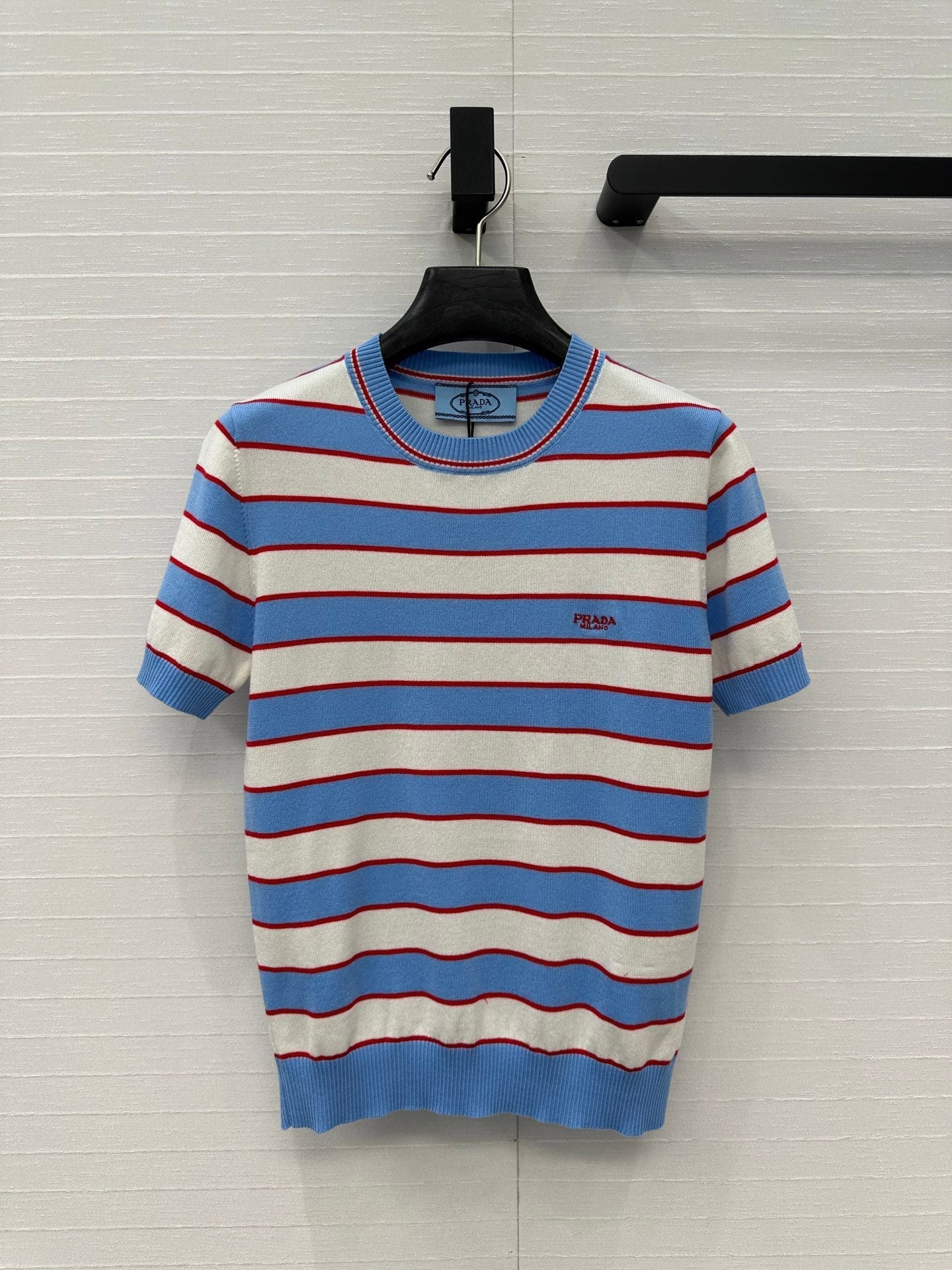 Prada 25 Striped Short-sleeved Knitted Top Blue white red Cotton