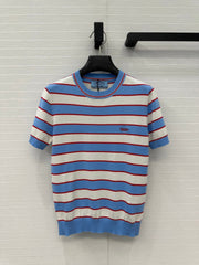 Prada 25 Striped Short-sleeved Knitted Top Blue white red Cotton