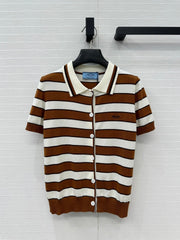 Prada 25 Striped Short-sleeved Knitted Cardigan Brown white Cotton