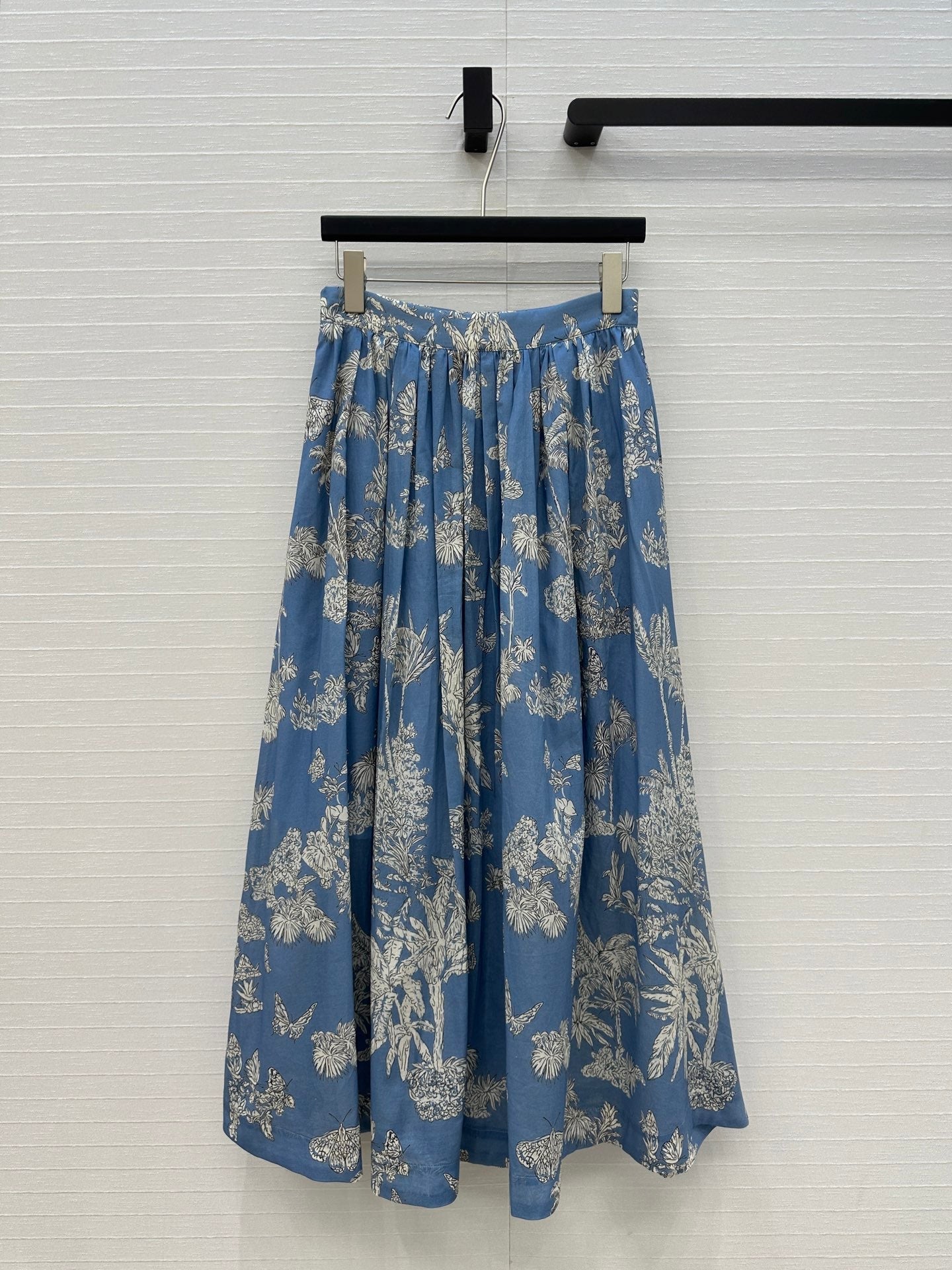 CD 25 Pleated Flared Forest Long Skirt Blue White Cotton