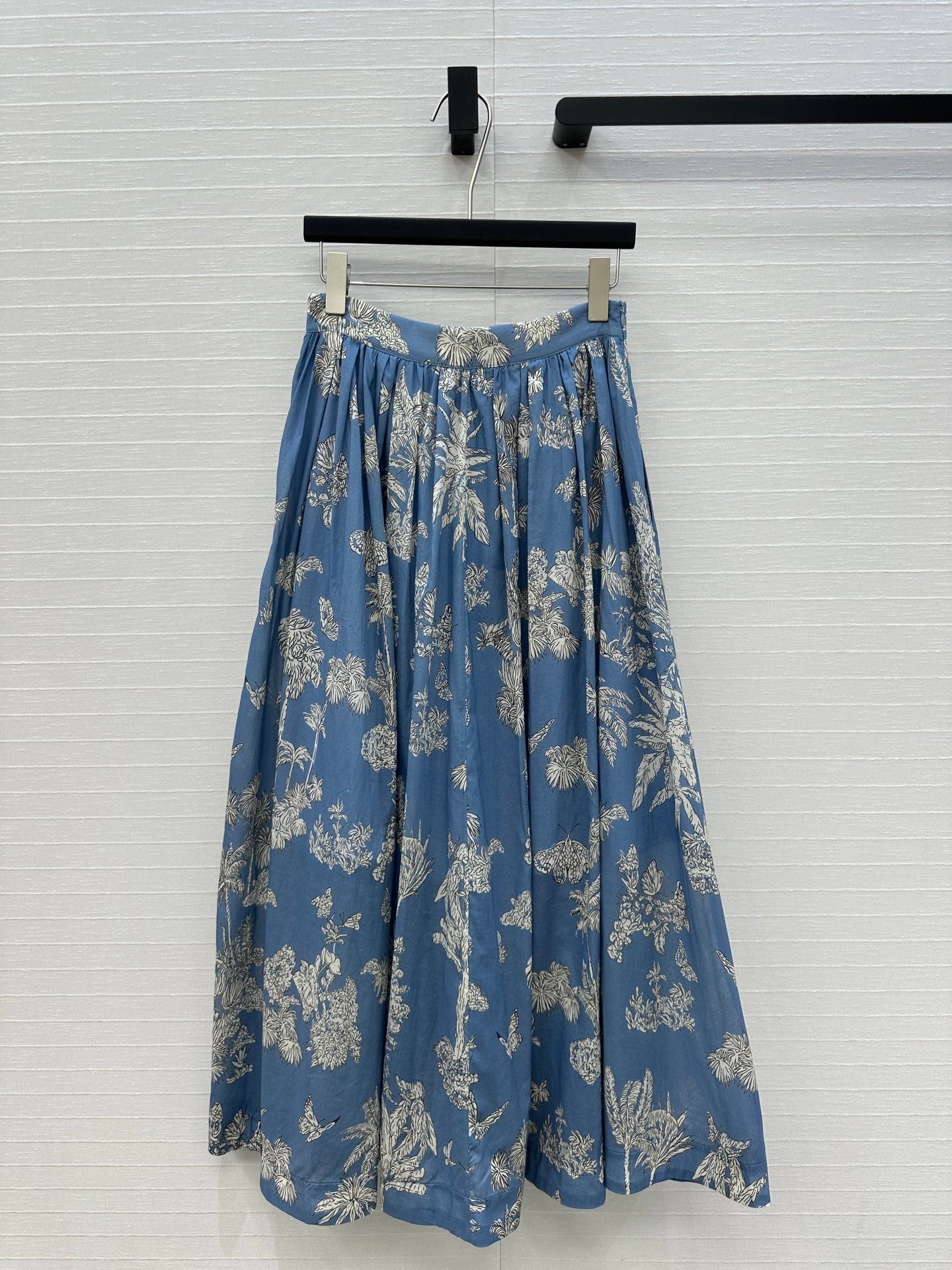 CD 25 Pleated Flared Forest Long Skirt Blue White Cotton