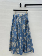 CD 25 Pleated Flared Forest Long Skirt Blue White Cotton