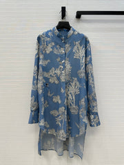 CD 25 Pleated Flared Forest Shirt Blue White Cotton