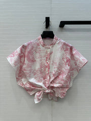 CD 25 Flying Sleeve Short Shirt White Pink Cotton
