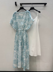 CD 25 Sauvage Jouy Boat Neck Dress Light Blue mix White Cotton