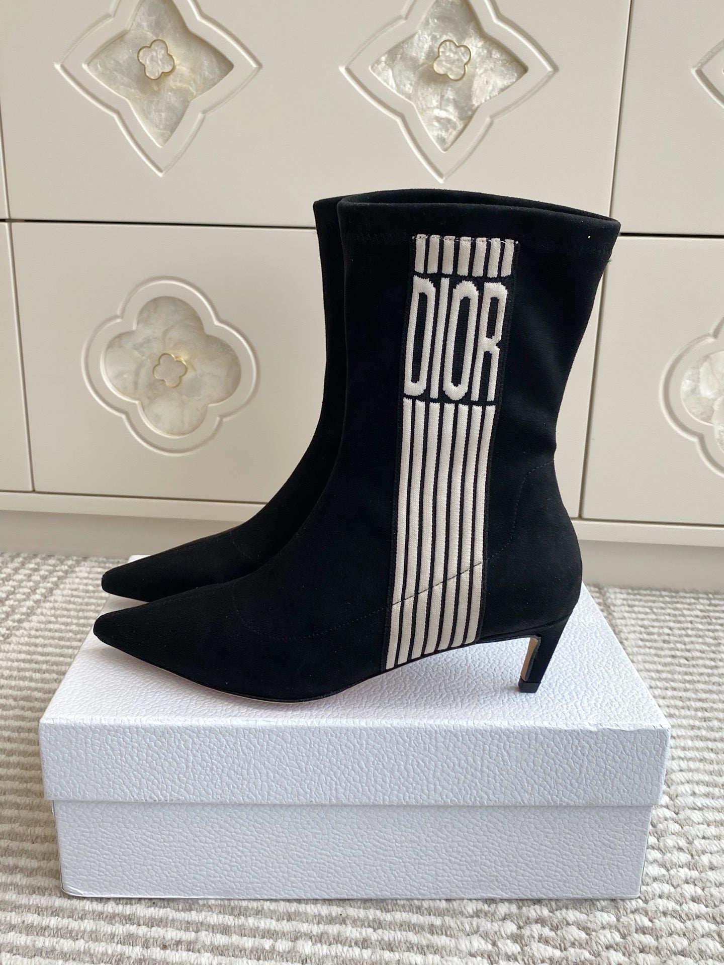 Dior 2025 Tribales Heeled Ankle Boot 50mm Black mix White Suede 501189