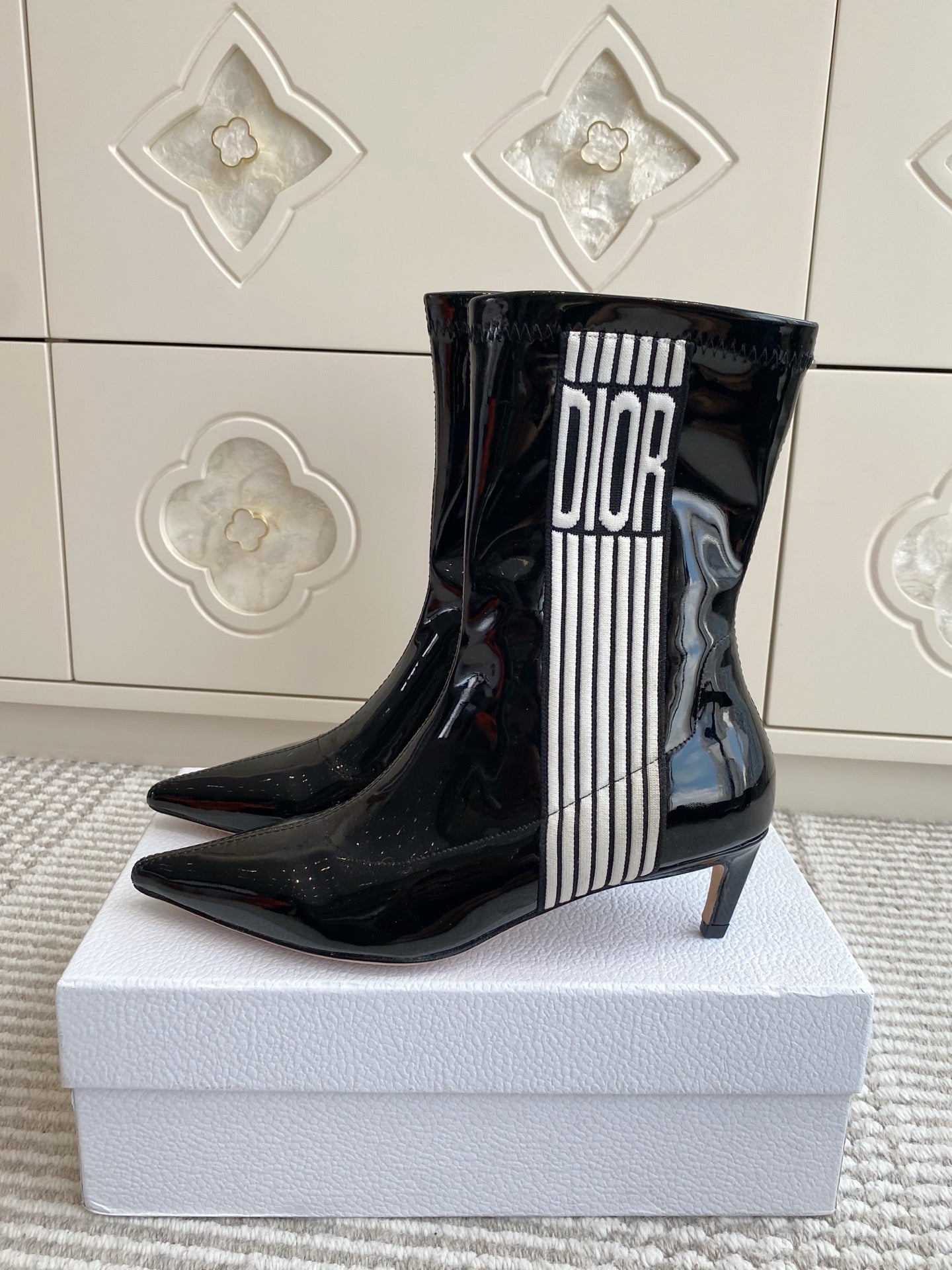 Dior 2025 Tribales Heeled Ankle Boot 50mm Black mix White Patent Leather  501190
