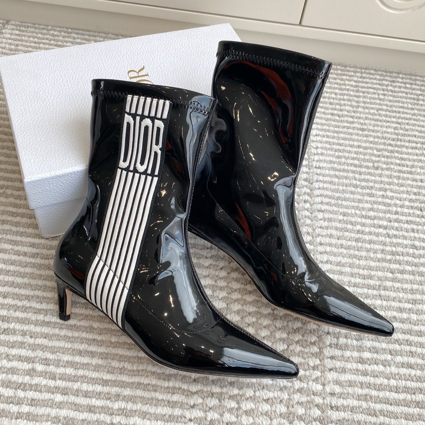 Dior 2025 Tribales Heeled Ankle Boot 50mm Black mix White Patent Leather  501190