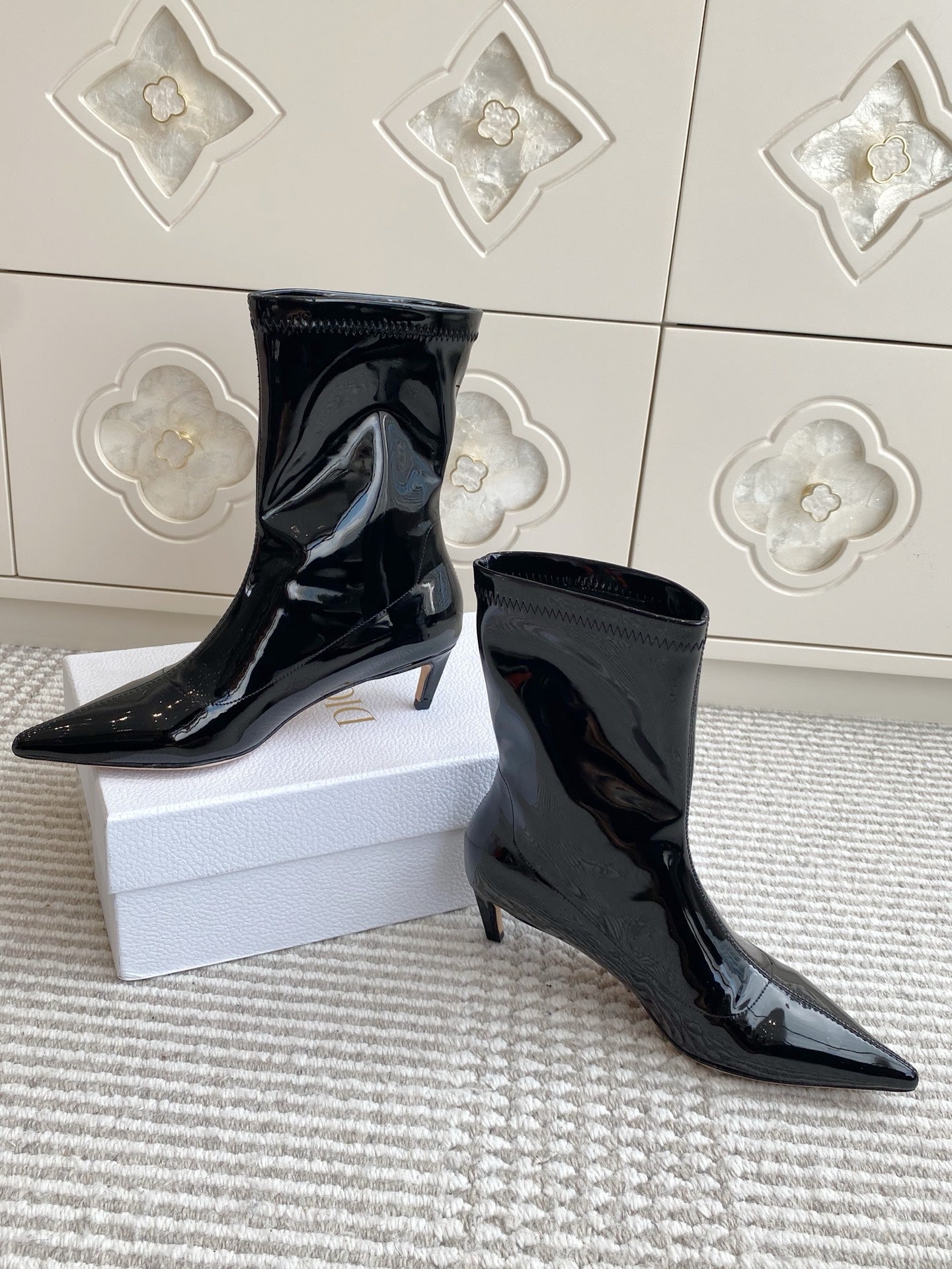 Dior 2025 Tribales Heeled Ankle Boot 50mm Black mix White Patent Leather  501190