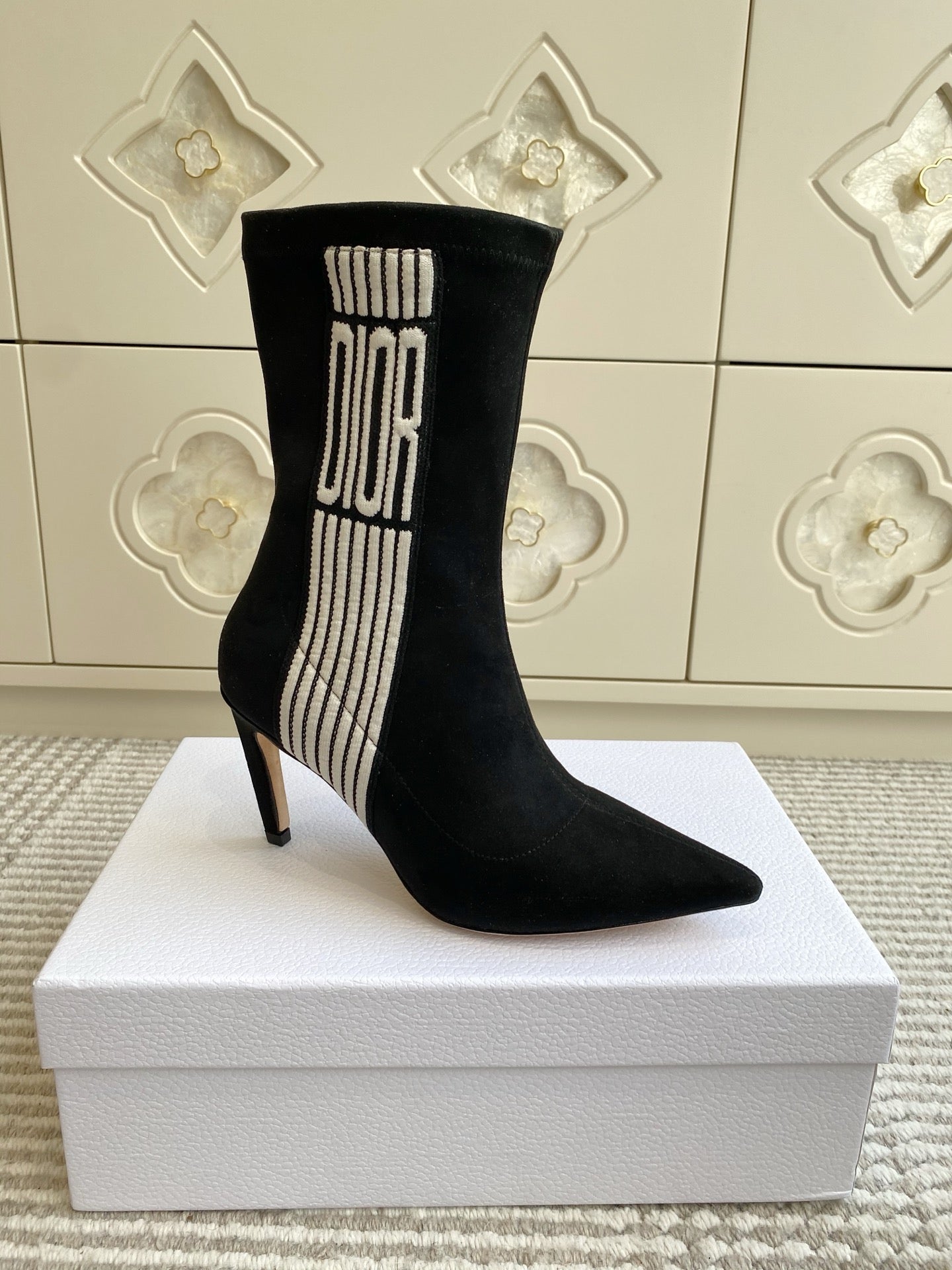 Dior 2025 Tribales Heeled Ankle Boot 80mm Black White Suede 501194