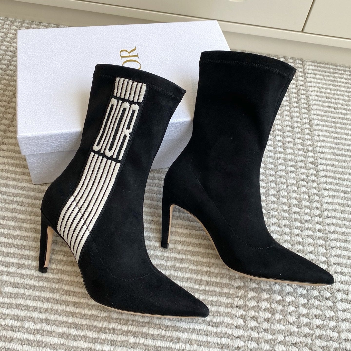 Dior 2025 Tribales Heeled Ankle Boot 80mm Black White Suede 501194