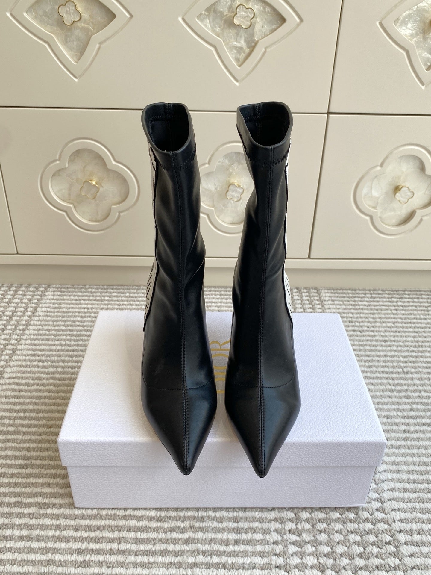 Dior 2025 Tribales Heeled Ankle Boot 80mm Black White Lambskin 501196