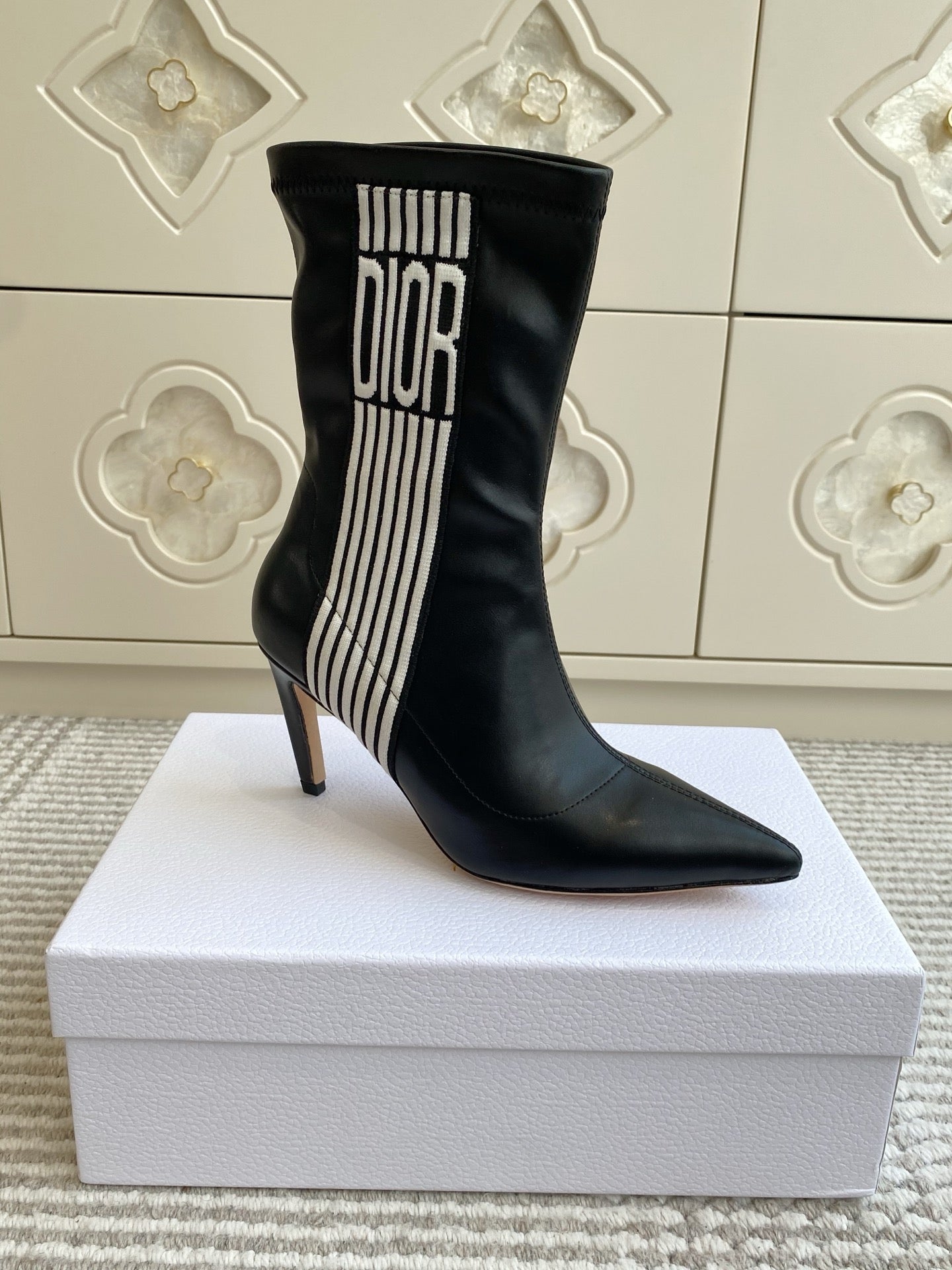 Dior 2025 Tribales Heeled Ankle Boot 80mm Black White Lambskin 501196