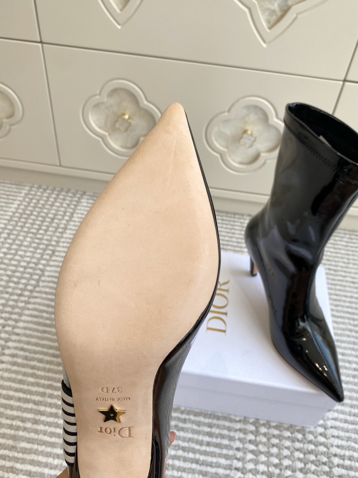 Dior 2025 Tribales Heeled Ankle Boot 80mm Black White Patent Leather 501197