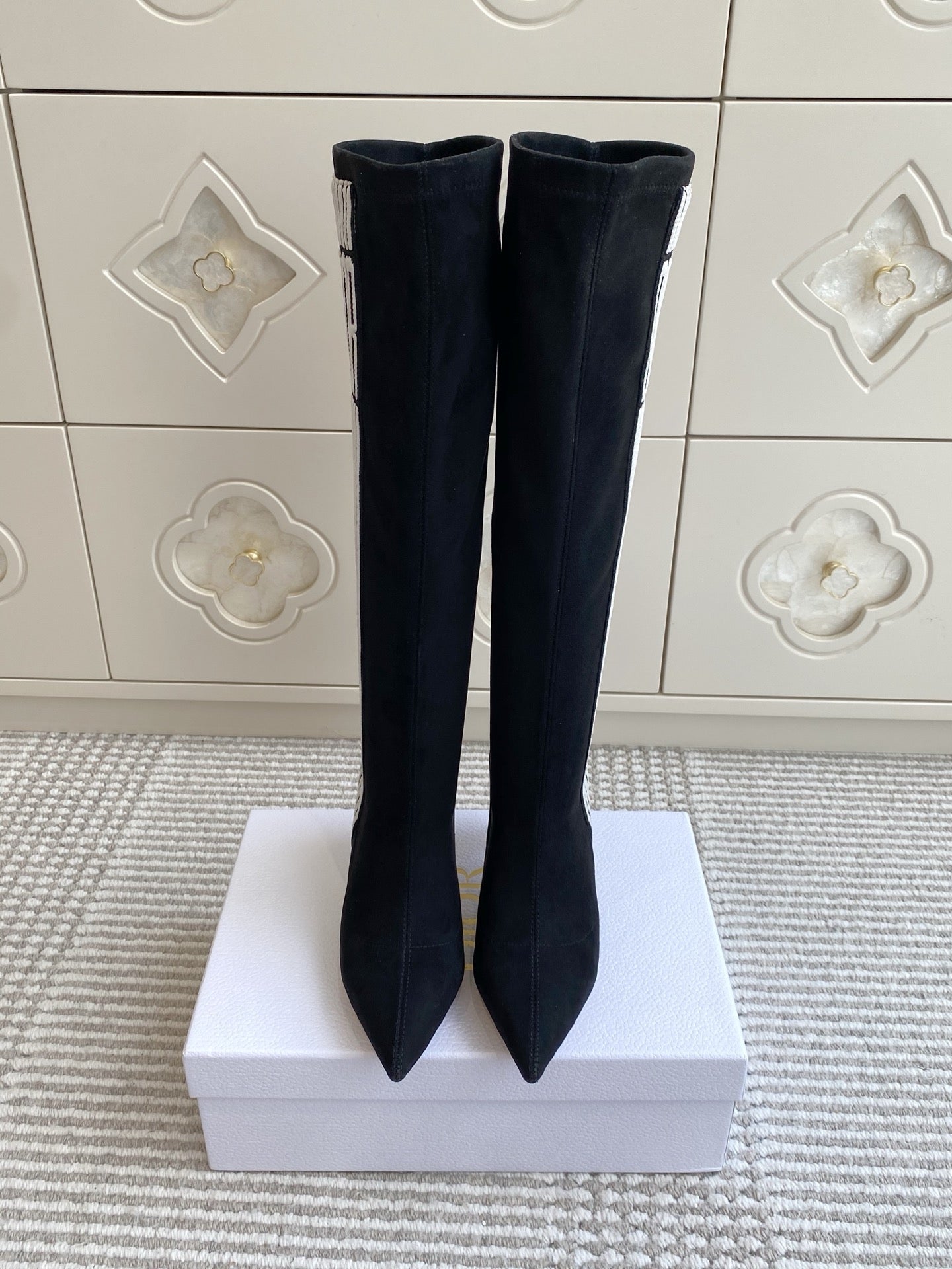 Dior 2025 Tribales Heeled Ankle High Boot 80mm Black White Suede 501198