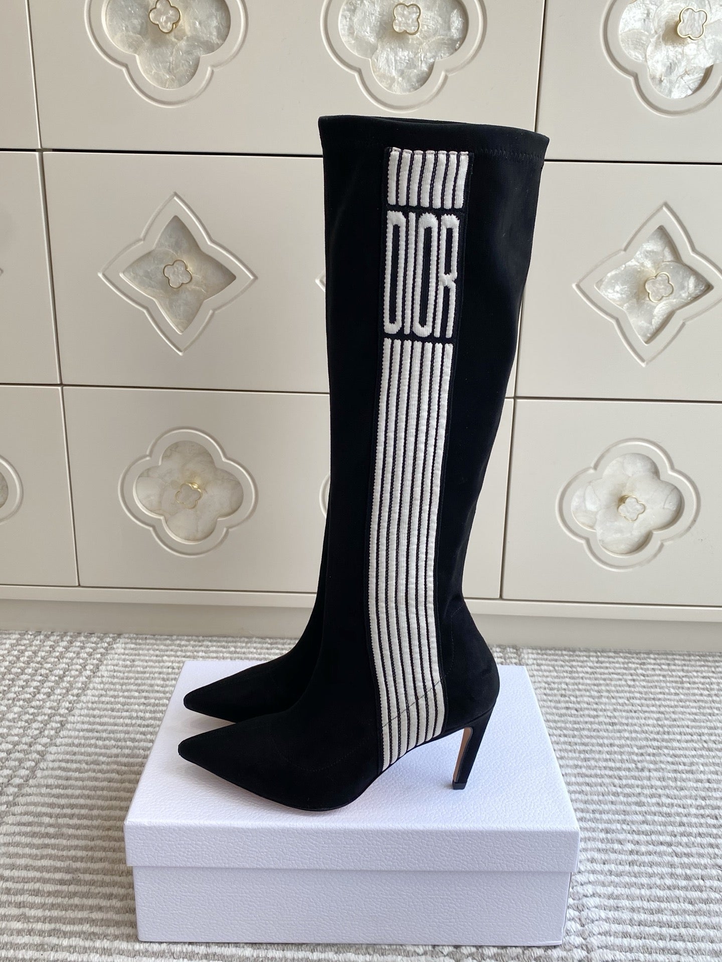 Dior 2025 Tribales Heeled Ankle High Boot 80mm Black White Suede 501198